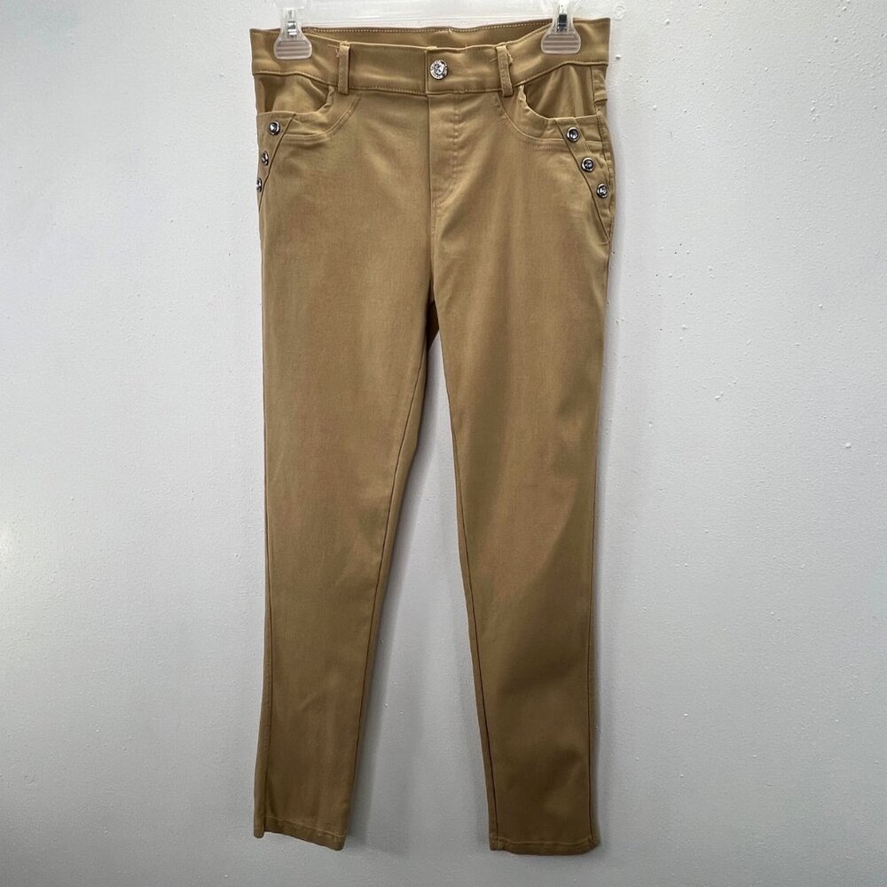 Indero Skinny Jeans Pull On Stretch Pant L XL Khaki Tan Comfort Rhinestone Ankle